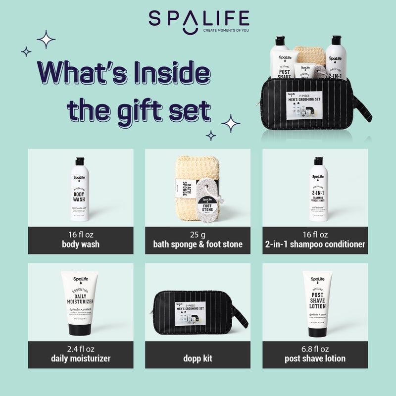 SpaLife 7-Piece Men's Body Care Gift Set | Mens Gift Set with 2-in-1 Shampoo & Conditioner, Body Wash, Moisturizer, Post-Shave Lotion, Sponge & Foot Stone | Christmas Gifts for Men | 7-Piece Bundle - Image 3